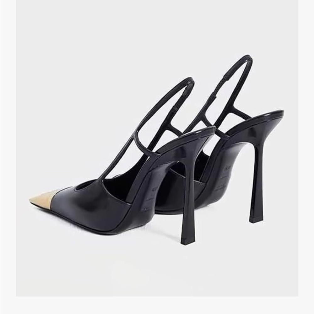 Black Slingback Heels Gold Metal Pointed Toe Stiletto Pumps Size 9 - Picture 3 of 11
